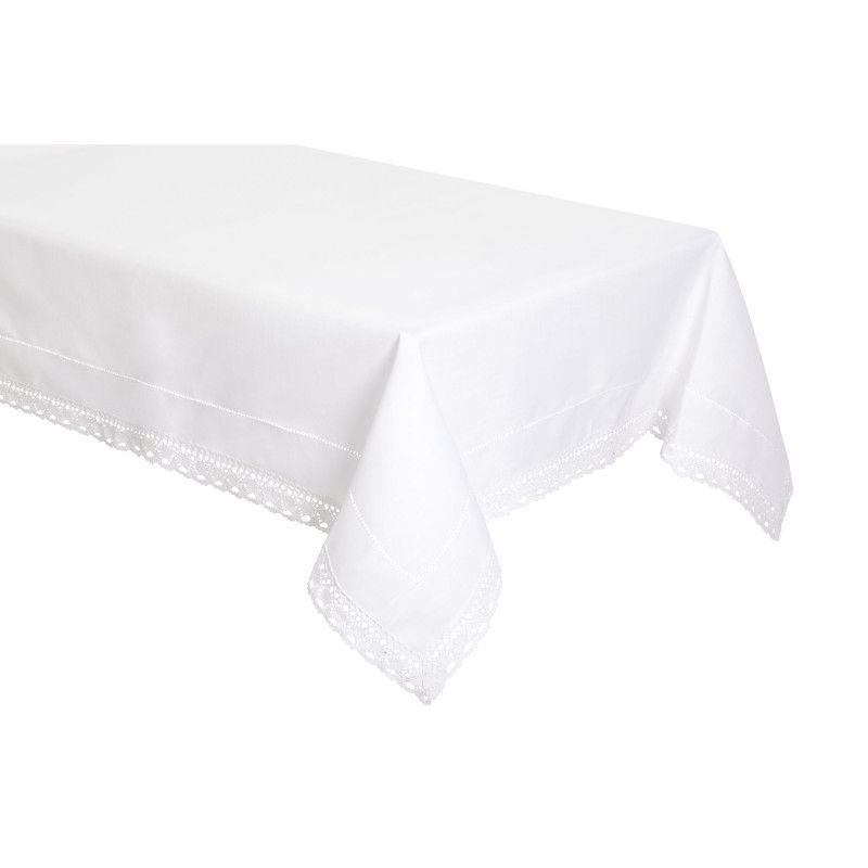 Biały Obrus z Mereżką i Koronką 140 x 300 Jak Len