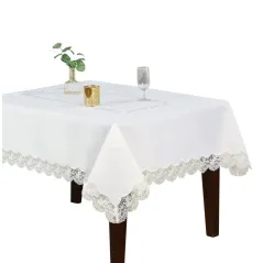 Kremowy Obrus 140 x 350 ROSSE z Koronką w Różyczki