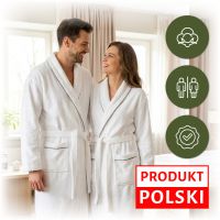 Biały szlafrok hotelowy z szarą wypustką i kołnierzem