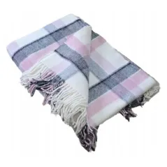 Koc pled wełniany 100% Krata Szaroróżowa 160X200