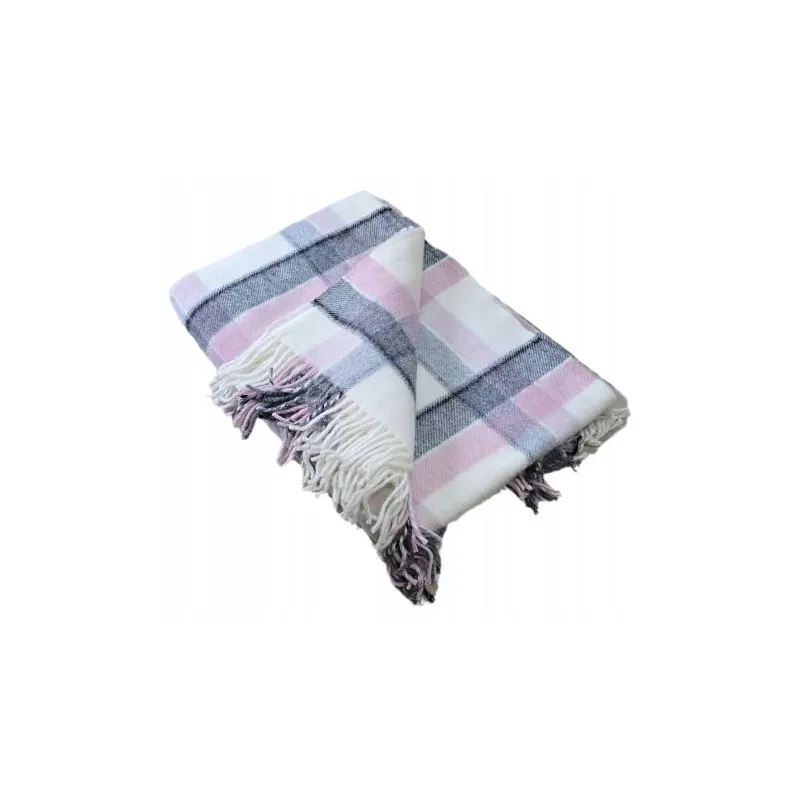 Koc pled wełniany 100% Krata Szaroróżowa 160X200 Koc pled wełniany 100% Krata Szaroróżowa 160X200