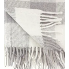 Koc wełniany 160X200 Krata jasna szara frędzle