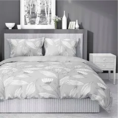 Pościel flanelowa 140X200 szara kwiaty liście 4943B